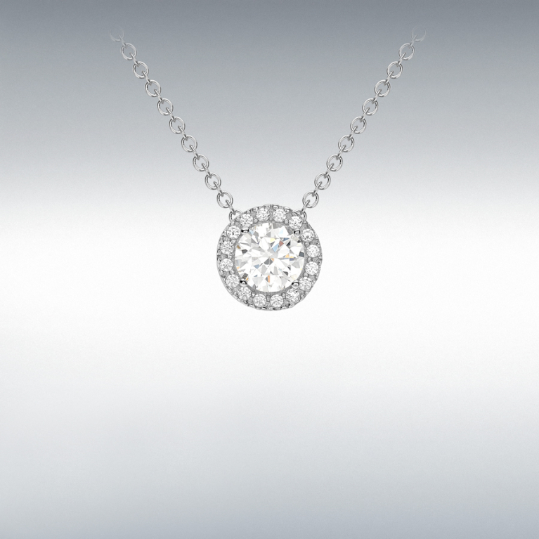 9ct White Gold Slider Cubic Zirconia Halo Cluster Pendant Necklace