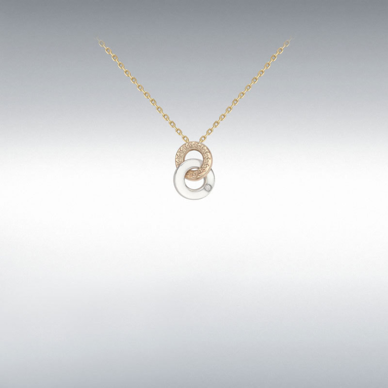 9ct 3 Colour Rose, White, Yellow Gold Cubic Zirconia Set Linked Rings Pendant Necklace