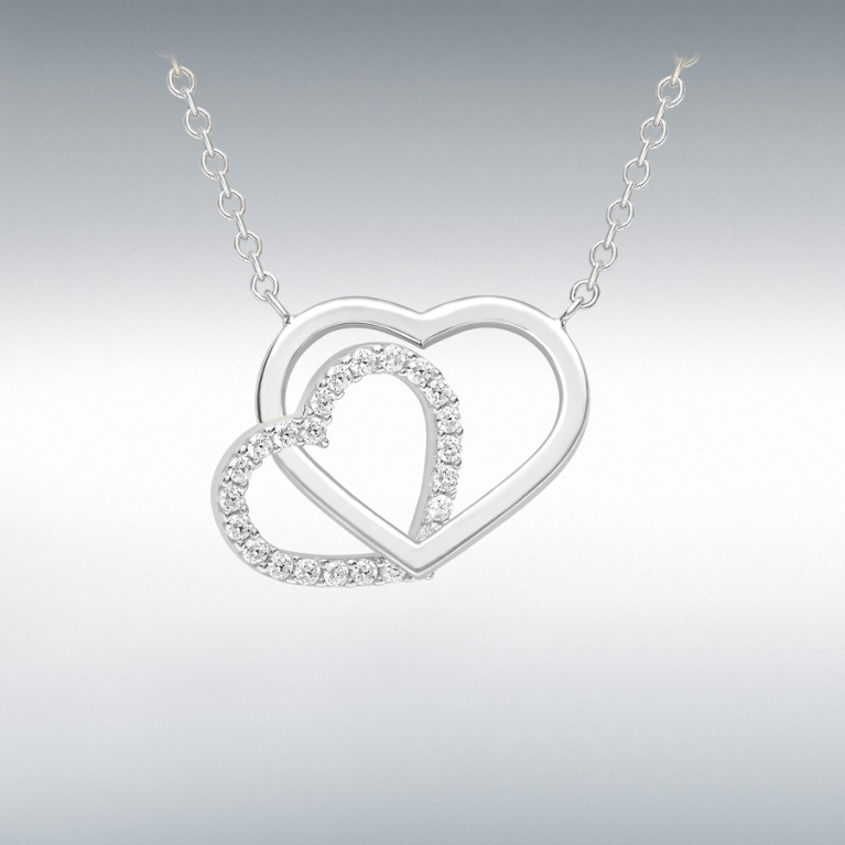 9ct White Gold Linked Hearts Cubic Zirconia Set Pendant Necklace