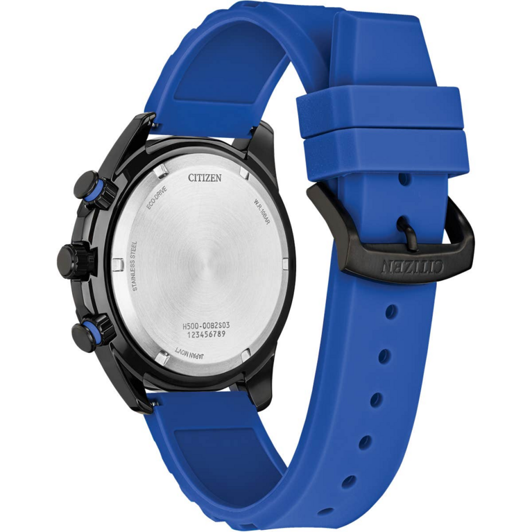 Citizen Eco-Drive Sports Blue Dial Black Ion-Plated Stainless Steel Mens Chronograph Watch AT2586-05E