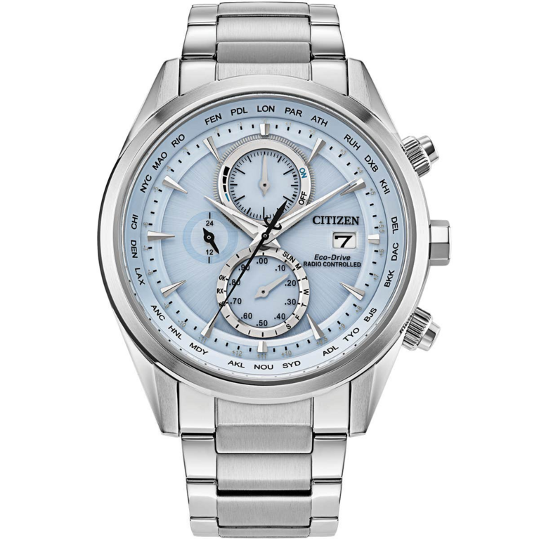 Citizen Eco-Drive World Time A-T Ice Blue Dial Stainless Steel Mens Radio Controlled Chronograph Watch AT8260-51M