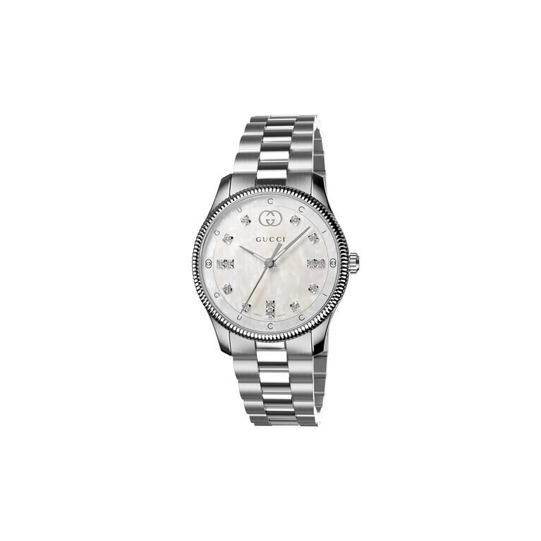 Gucci G-Timeless Slim Mother of Pearl Diamond Set Dial Stainless Steel Womens Quartz Watch YA1265064