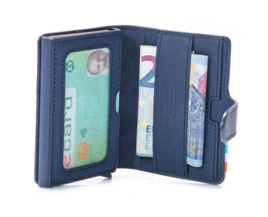 LEANSCHI Blue Leather RFID Safe Credit Card Holder with Aluminium Container