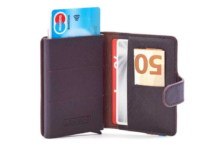 LEANSCHI Brown Leather RFID Safe Credit Card Holder with Aluminium Container