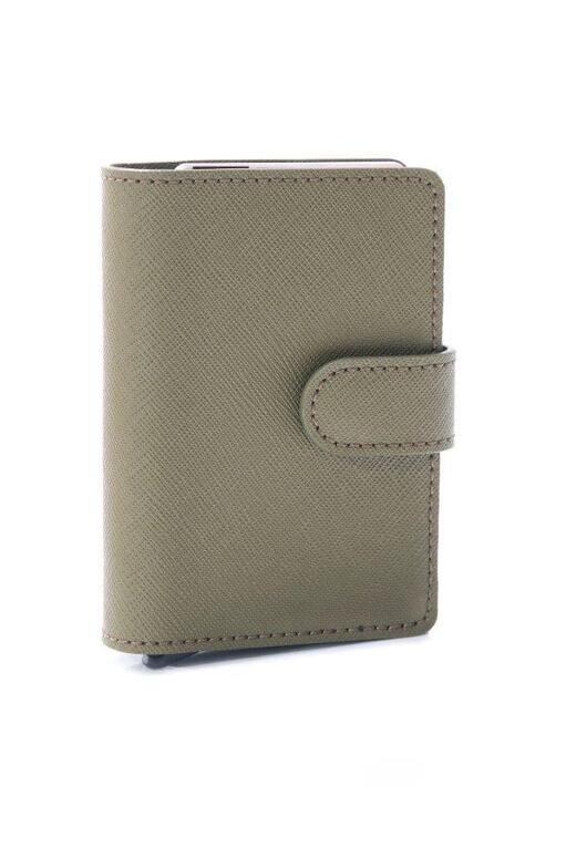LEANSCHI Khaki/Military Green Leather RFID Safe Credit Card Holder with Aluminium Container