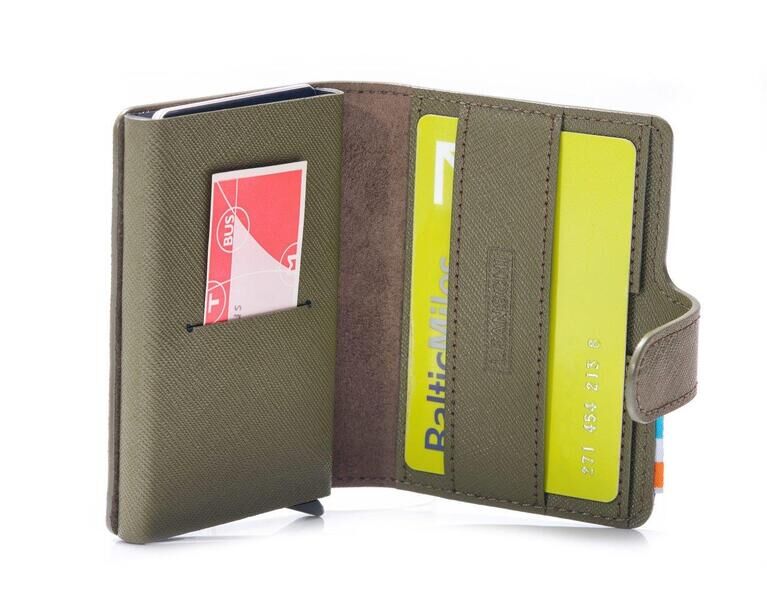 LEANSCHI Khaki/Military Green Leather RFID Safe Credit Card Holder with Aluminium Container