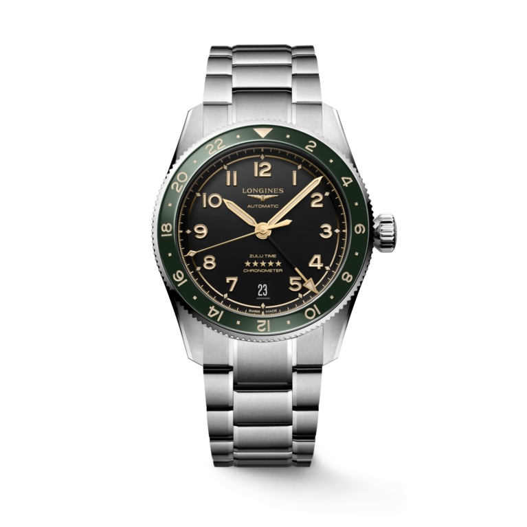 Longines Spirit Zulu Time Anthracite Dial/Green Bezel Stainless Steel Mens GMT Watch 39mm L38024636