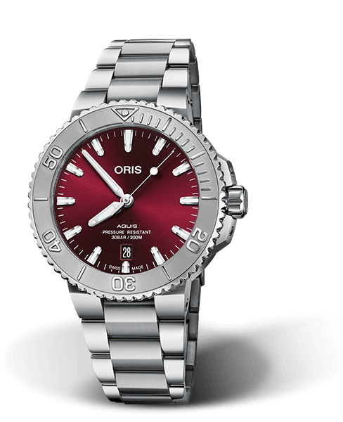 Oris Aquis Date Relief Red Dial Stainless Steel Mens 41.5mm Watch