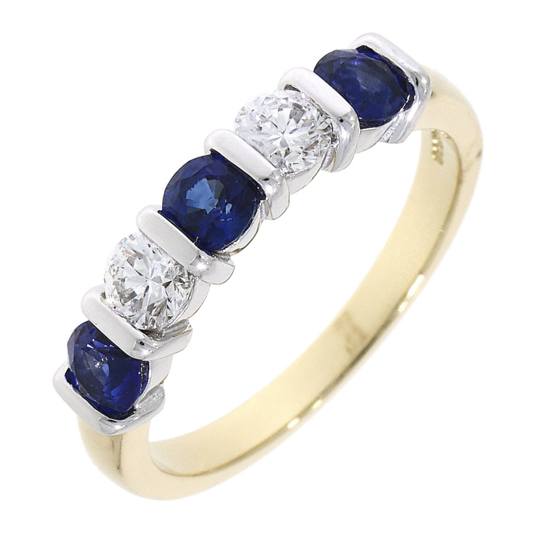 18ct Gold Bar Set Sapphire & Diamond Five Stone Half Eternity Ring