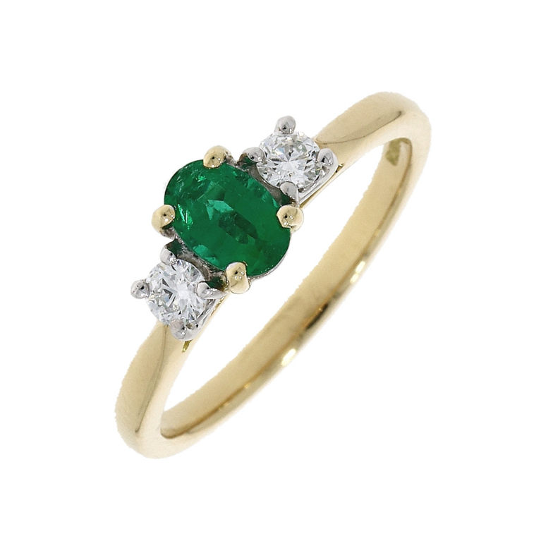 18ct Gold Emerald & Diamond Set Three Stone Trilogy Ring