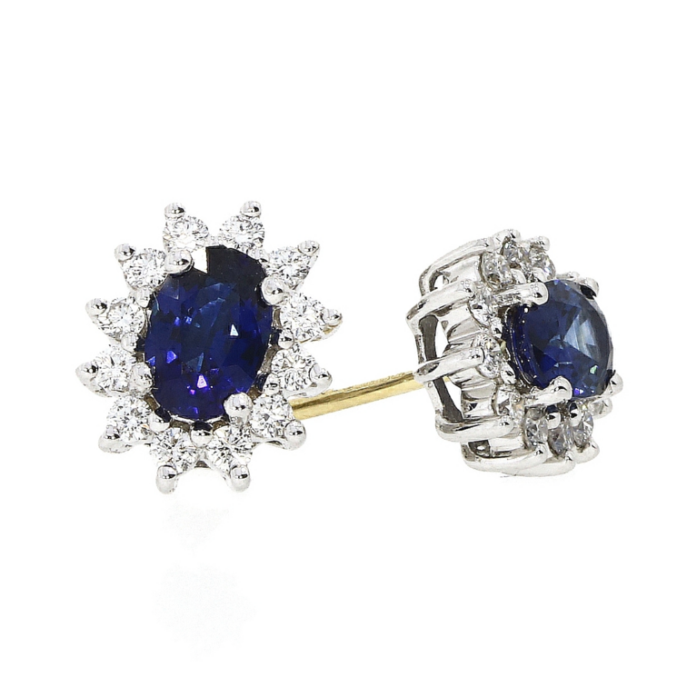 18ct Gold Oval Sapphire & Diamond Set Cluster Stud Earrings