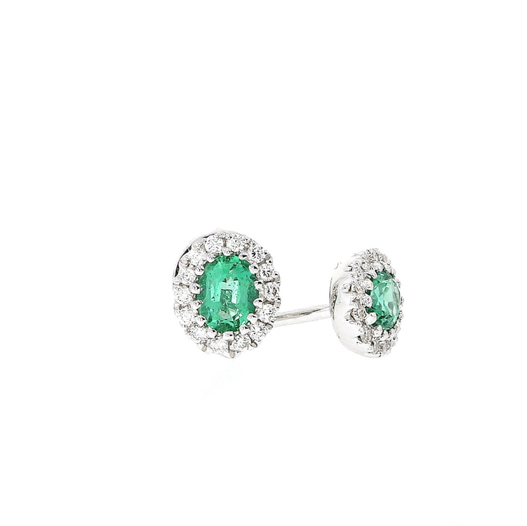 18ct White Gold Oval Emerald & Diamond Set Cluster Stud Earrings