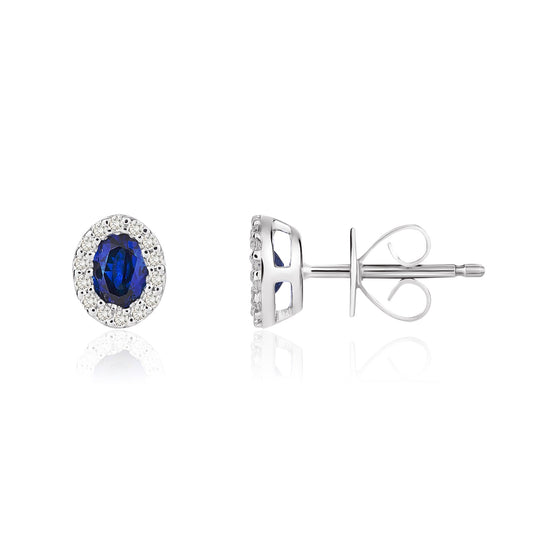 18ct White Gold Oval Sapphire & Diamond Set Cluster Stud Earrings