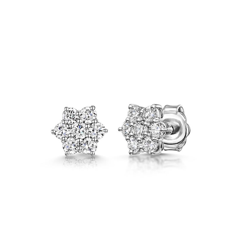 18ct White Gold Seven Stone 1.03ct Diamond Set Daisy Cluster Stud Earrings