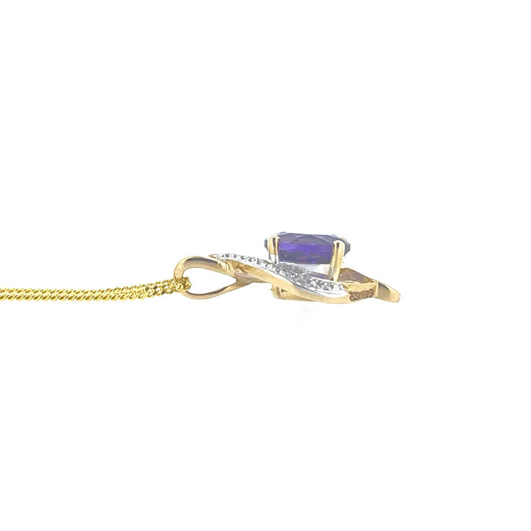 9ct Gold Amethyst & Diamond Set Ribbon style Pendant Necklace