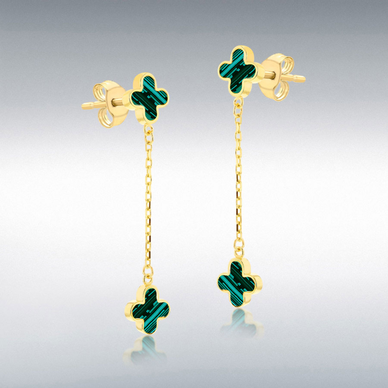 9ct Gold Malachite Set Flower Drop Earrings