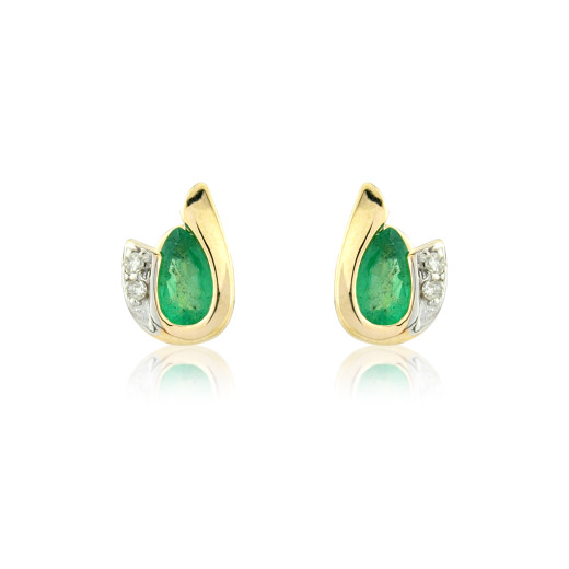 9ct Gold Pear Shape Emerald & Diamond Set Curl Stud Earrings