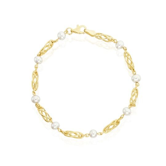 9ct Gold Pearl Set Twist Cage Link Bracelet