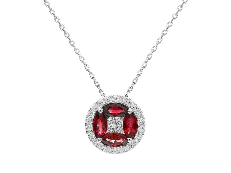 9ct White Gold Marquise Cut Ruby & Diamond Cluster Pendant Necklace