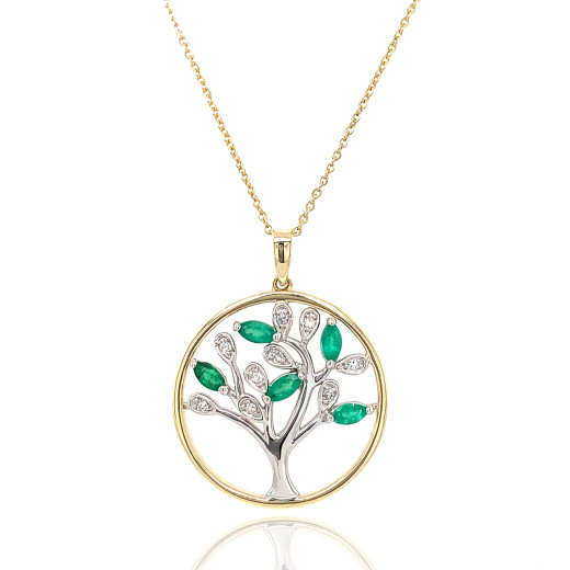 9ct Yellow and White Gold Emerald & Diamond Set Tree of Life Pendant Necklace