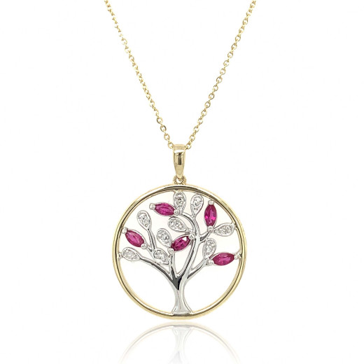 9ct Yellow and White Gold Ruby & Diamond Set Tree of Life Pendant Necklace
