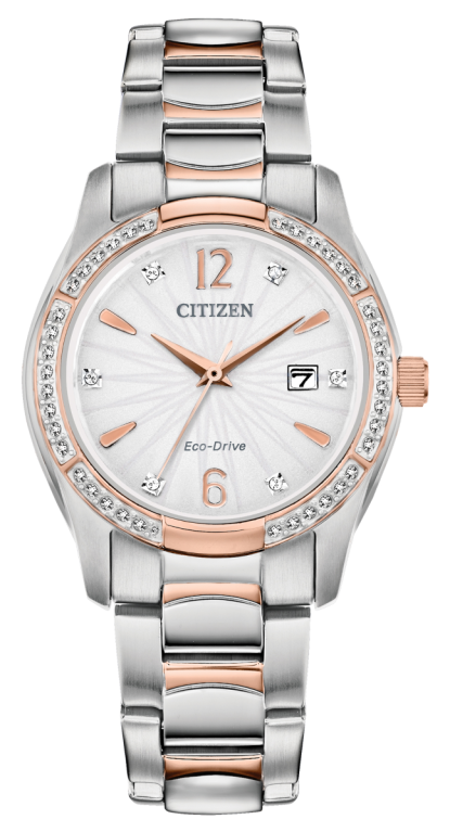 Citizen Eco-Drive Silhouette Crystal Mother of Pearl Dial Two Tone Womens Watch EW2576-51A