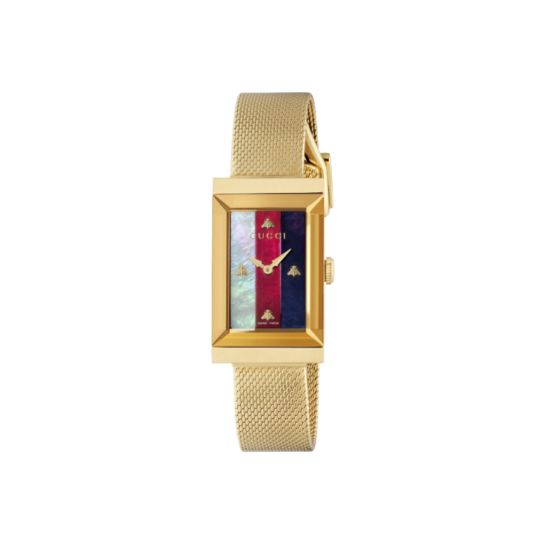 Gucci G-Frame Mother of Pearl Dial PVD Gold Plated Mesh Bracelet Womens Quartz Watch YA147410