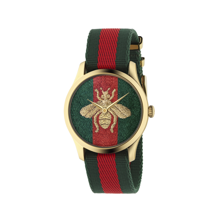 Gucci G-Timeless Bee Fabric Dial PVD Gold Plated Unisex Quartz Watch YA126487B