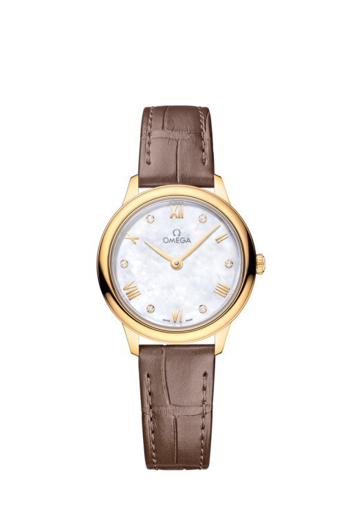 Omega De Ville Prestige Mother of Pearl Diamond Set Dial 18ct Gold Womens Quartz Watch 27.5mm 43453286055002