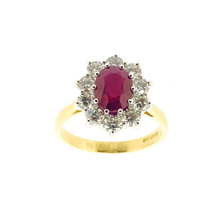 18ct Gold Oval Ruby & Diamond Set Cluster Ring