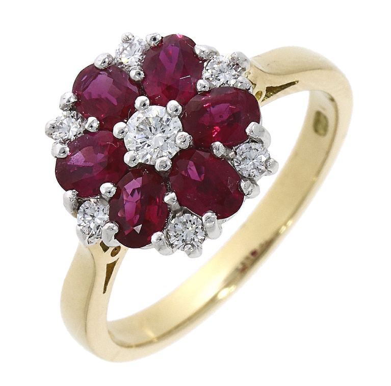 18ct Gold Ruby & Diamond Set Flower Design Cluster Ring