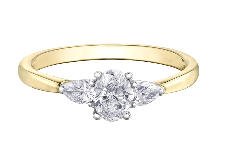 18ct Gold Three Stone Diamond 0.65ct Oval & Pear Shape Diamond Claw Set Trilogy Ring