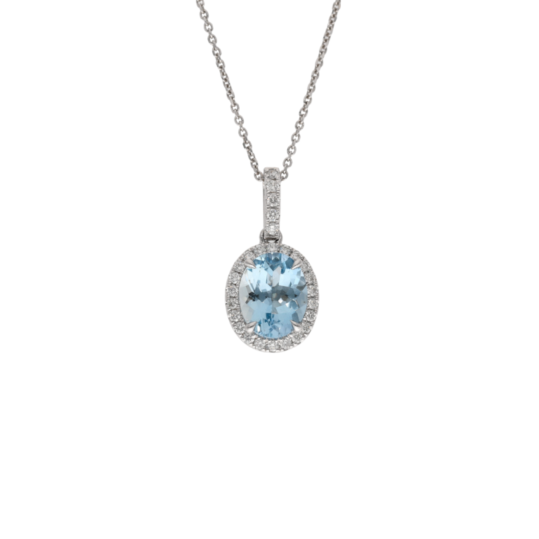 18ct White Gold Aquamarine & Diamond Set Cluster Pendant Necklace