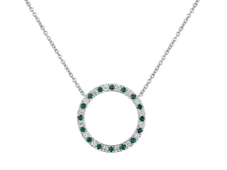 18ct White Gold Emerald & Diamond Set Openwork Circle Pendant Necklace