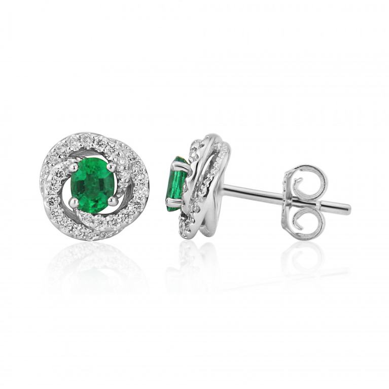 18ct White Gold Oval Emerald & Diamond Set Swirl Cluster Knot Stud Earrings