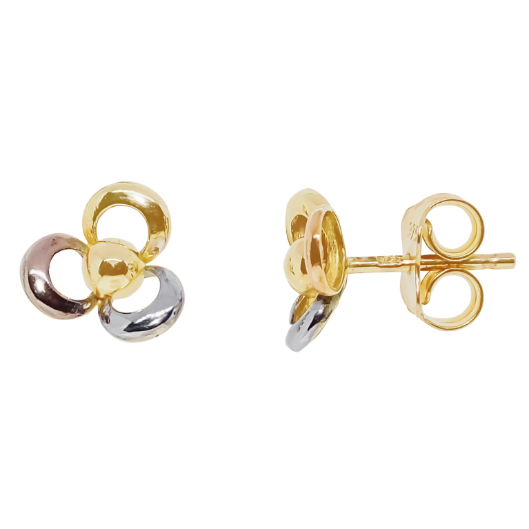 9ct 3 Colour Gold Openwork Flower Design Stud Earrings