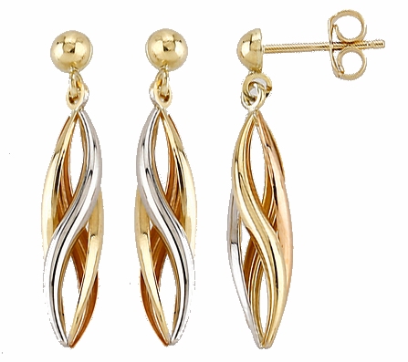 9ct 3 Colour Gold Polished Openwork Spiral Drop Earrings