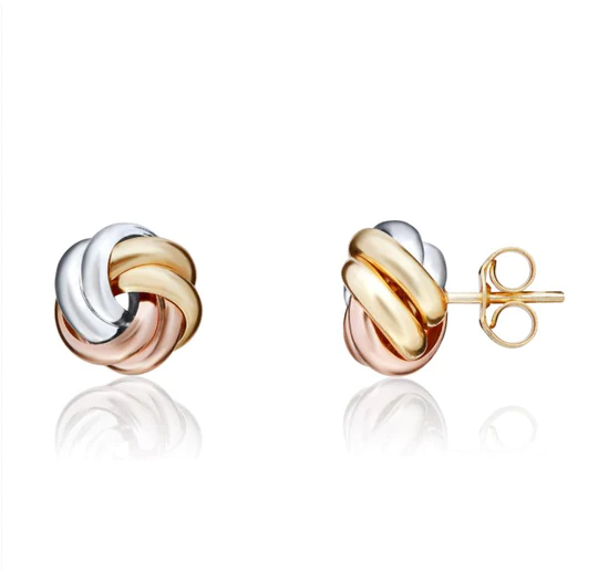 9ct 3 Colour Gold Two Row Ribbed Knot Stud Earrings