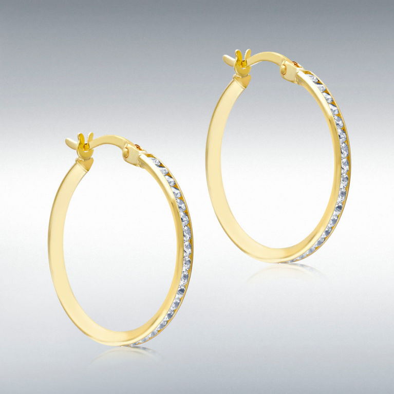 9ct Gold Channel Set Cubic Zirconia Set 20mm Hoop Earrings