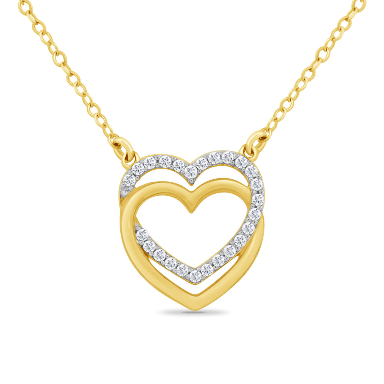 9ct Gold Diamond Set Double Linked Hearts Pendant Necklace
