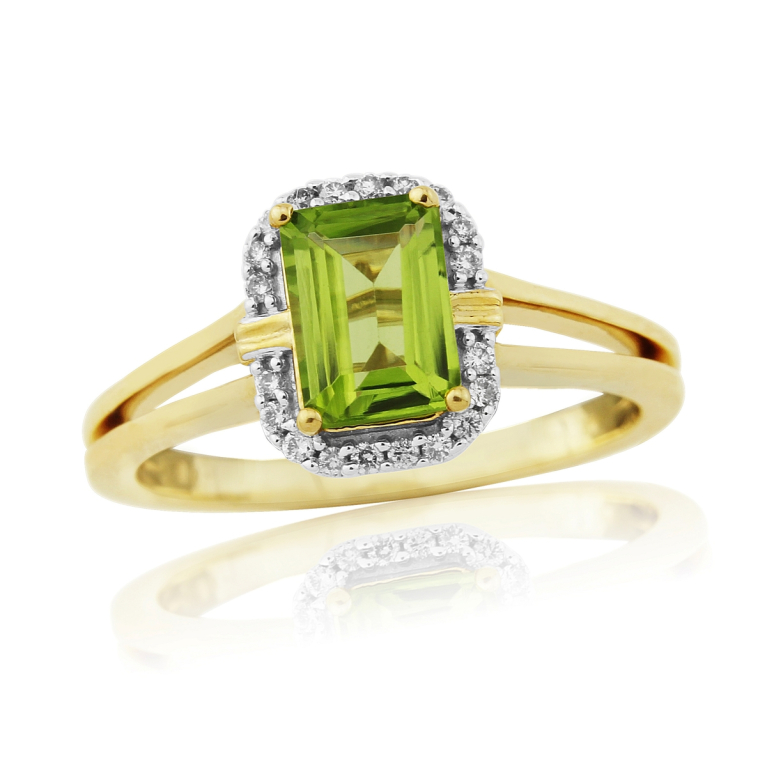9ct Gold Emerald Cut Peridot & Diamond Set Cluster Ring