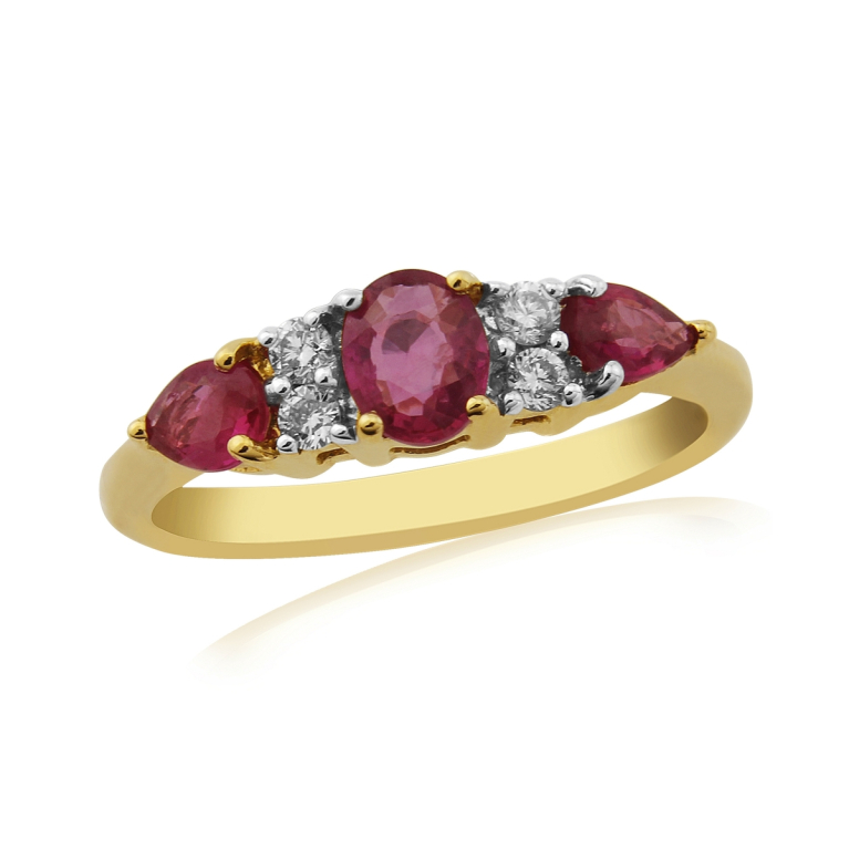 9ct Gold Graduated Oval & Pear Shape Ruby & Diamond Set Dress Ring