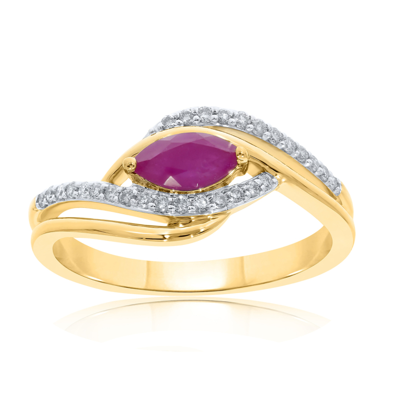 9ct Gold Marquise Cut Ruby & Diamond Set Crossover Dress Ring