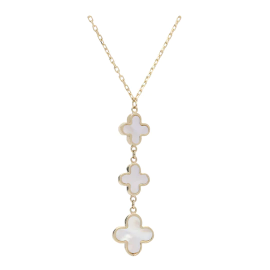 9ct Gold Mother of Pearl Set Triple Flower Pendant Necklace
