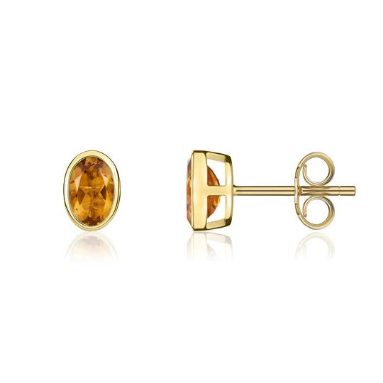 9ct Gold Oval Citrine Rubover Set Stud Earrings