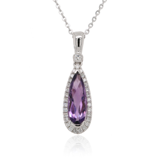 9ct White Gold Amethyst & Diamond Set Cluster Pendant Necklace