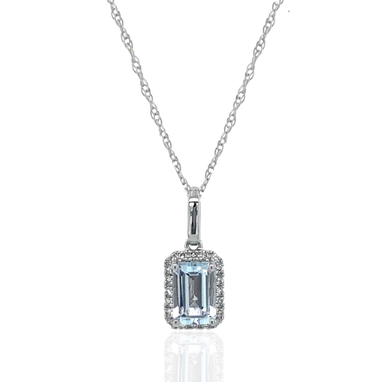 9ct White Gold Aquamarine & Diamond Set Cluster Pendant Necklace
