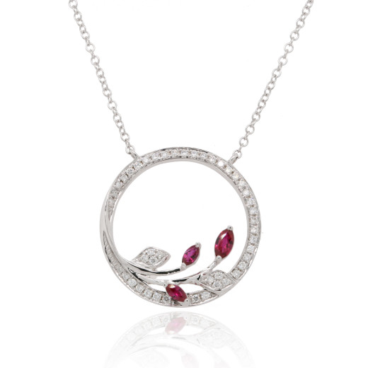 9ct White Gold Diamond & Ruby Set Leaf Circle Pendant Necklace