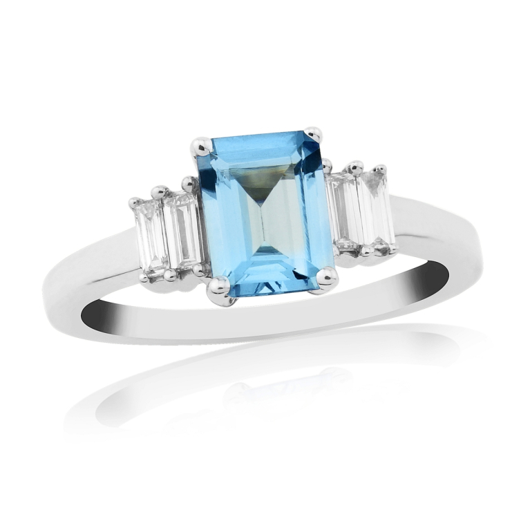 9ct White Gold Emerald Cut Aquamarine & Diamond Set Ring