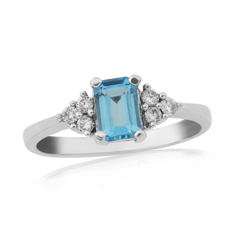 9ct White Gold Emerald Cut Blue Topaz & Diamond Set Dress Ring